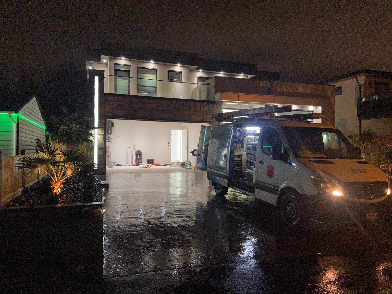 Exterior and security lighting on a modern home at night